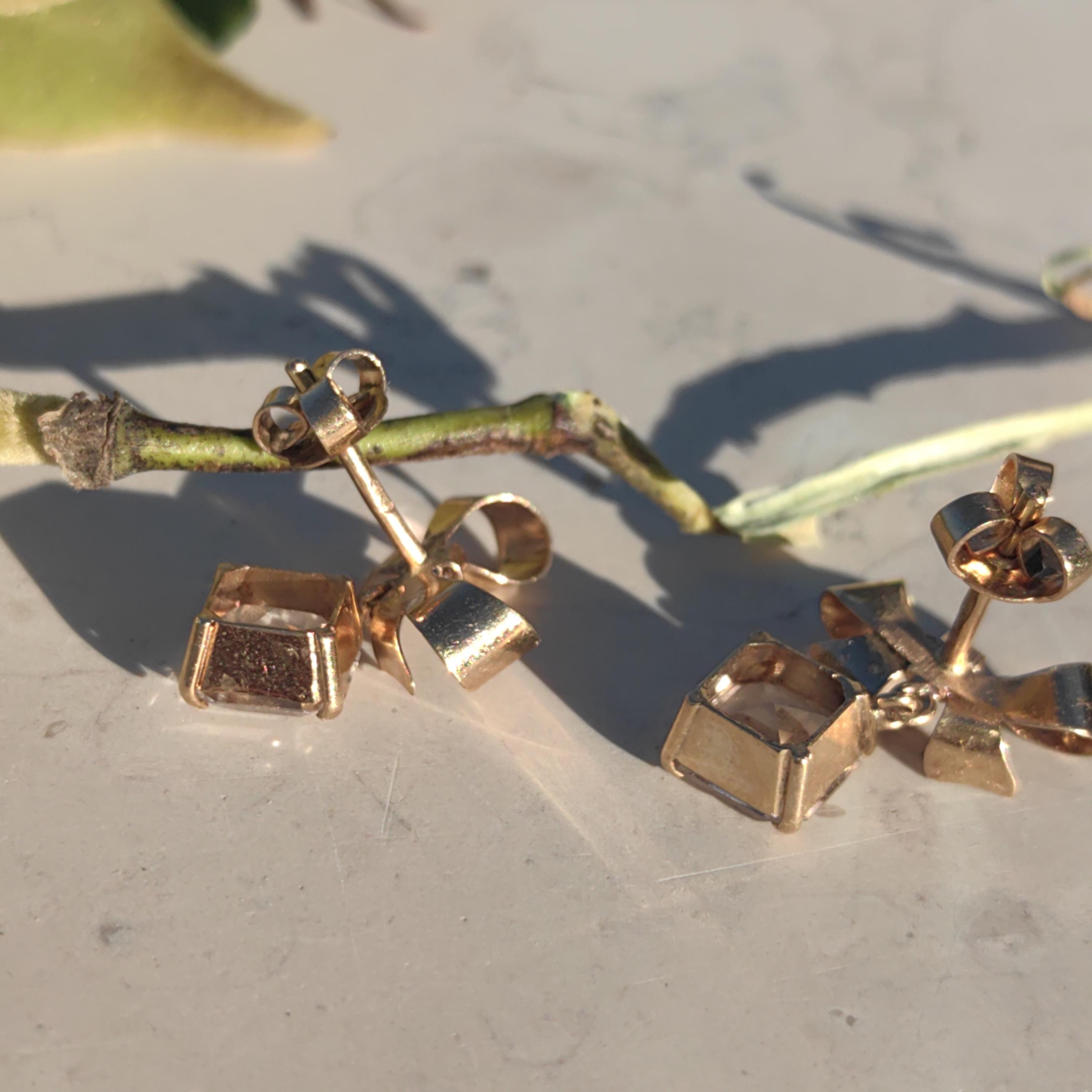 18k Solid Gold Cubic Zirconia Bow Dangle Stud Push Back Closure Elegant Vintage Antique Princess Cut Classic Solitaire Earrings Gift for Her