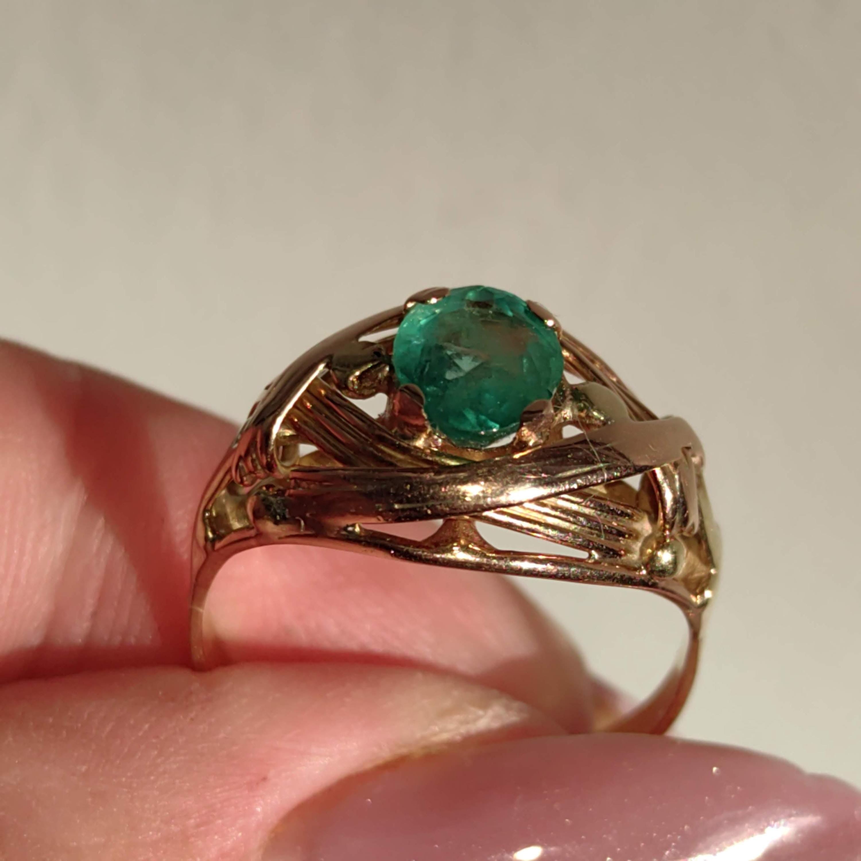 Art Nouveau 1900s Emerald Hallmarked 14k 585 Solid Yellow Rose Gold Antique Vintage Oval Natural Stone Band Solitaire Ring Gift Present