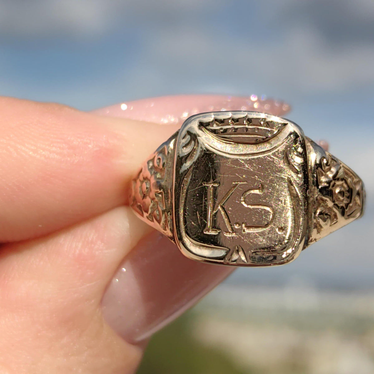 14k Yellow Gold Antique Signet Ring: Crown & KS Initials, Size 11