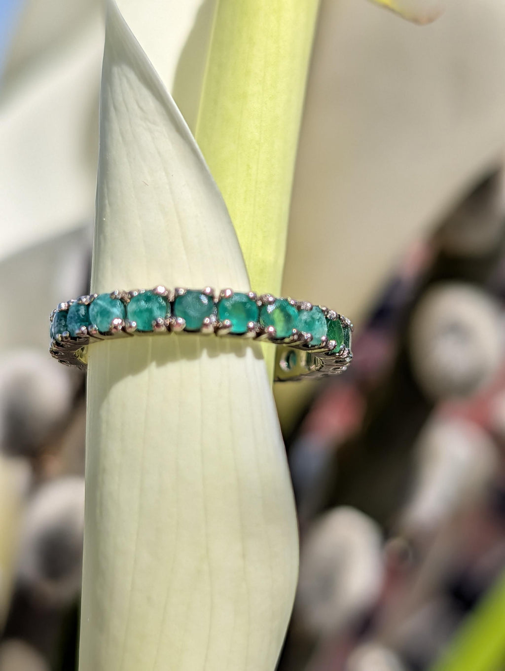 Vintage Natural Emerald Eternity Setting18k Solid White Gold Ring  Stackable Green Engagement  Band Gift for Her Present