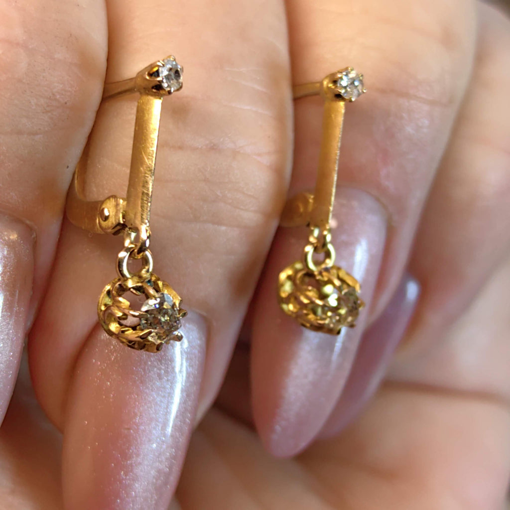 Original 1920s Art Deco Solitaire Dangle 0.30 ct. Bezel setting Diamonds Solid Hallmarked 18k Gold Antique Sleepers Dormouse Earrings