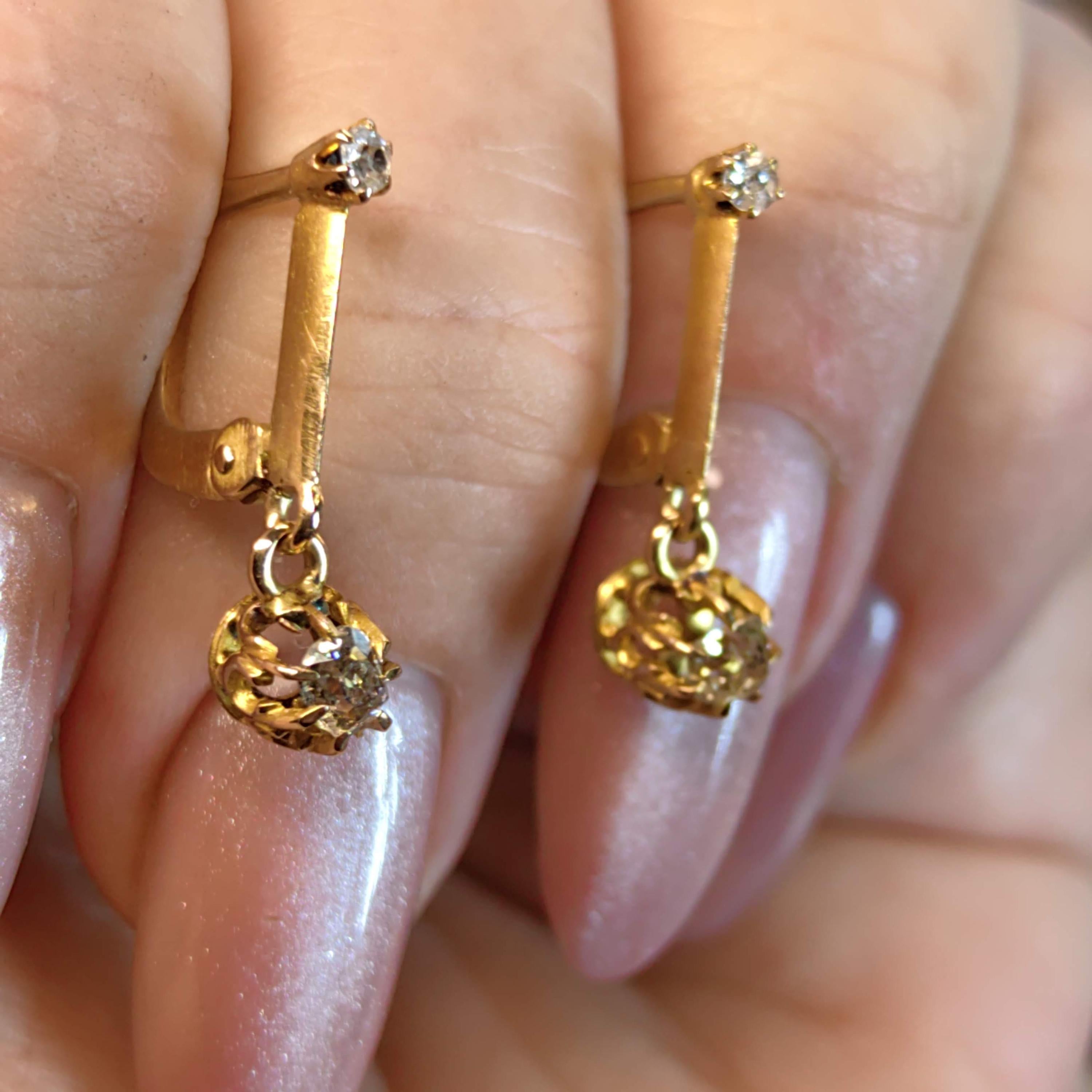 Original 1920s Art Deco Solitaire Dangle 0.30 ct. Bezel setting Diamonds Solid Hallmarked 18k Gold Antique Sleepers Dormouse Earrings