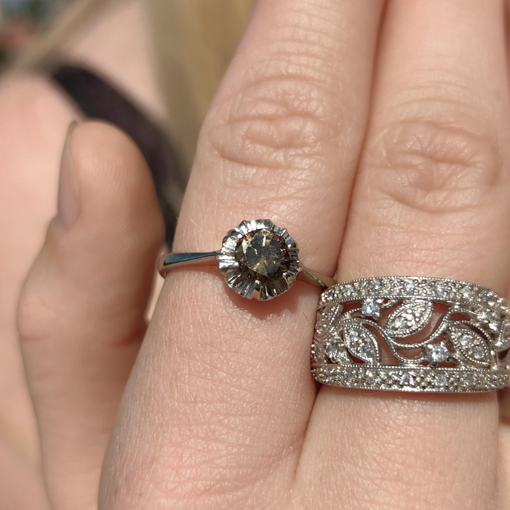 Diamond Floral Wedding Band: 14k White Gold Leaf Filigree Ring