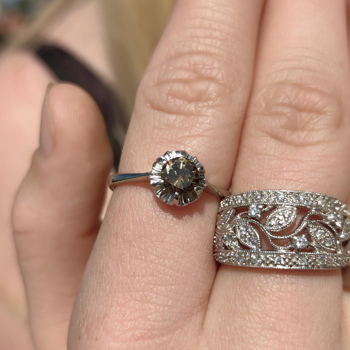 Diamond Floral Wedding Band: 14k White Gold Leaf Filigree Ring