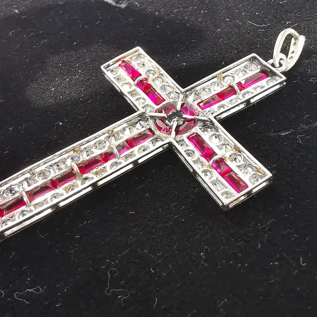 Huge Diamond and Ruby Platinum Vintage Edwardian Cross Pendant