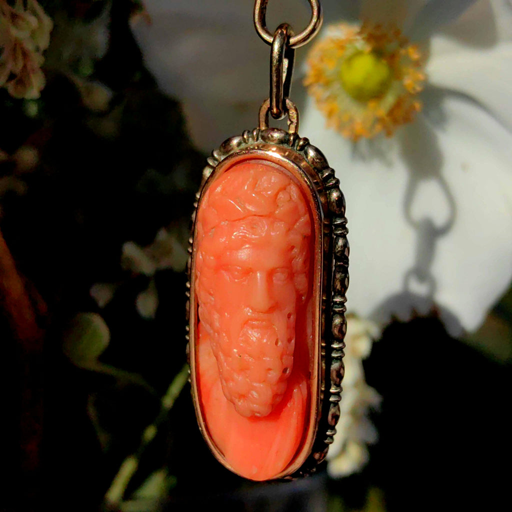 Victorian Coral Cameo Pendant: Hand Carved Gemma, 14k Gold