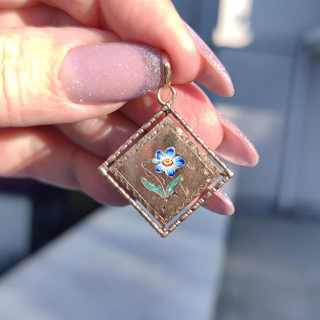 Art Nouveau 14k Gold Enamel Flower Pendant: Antique Miniature Charm