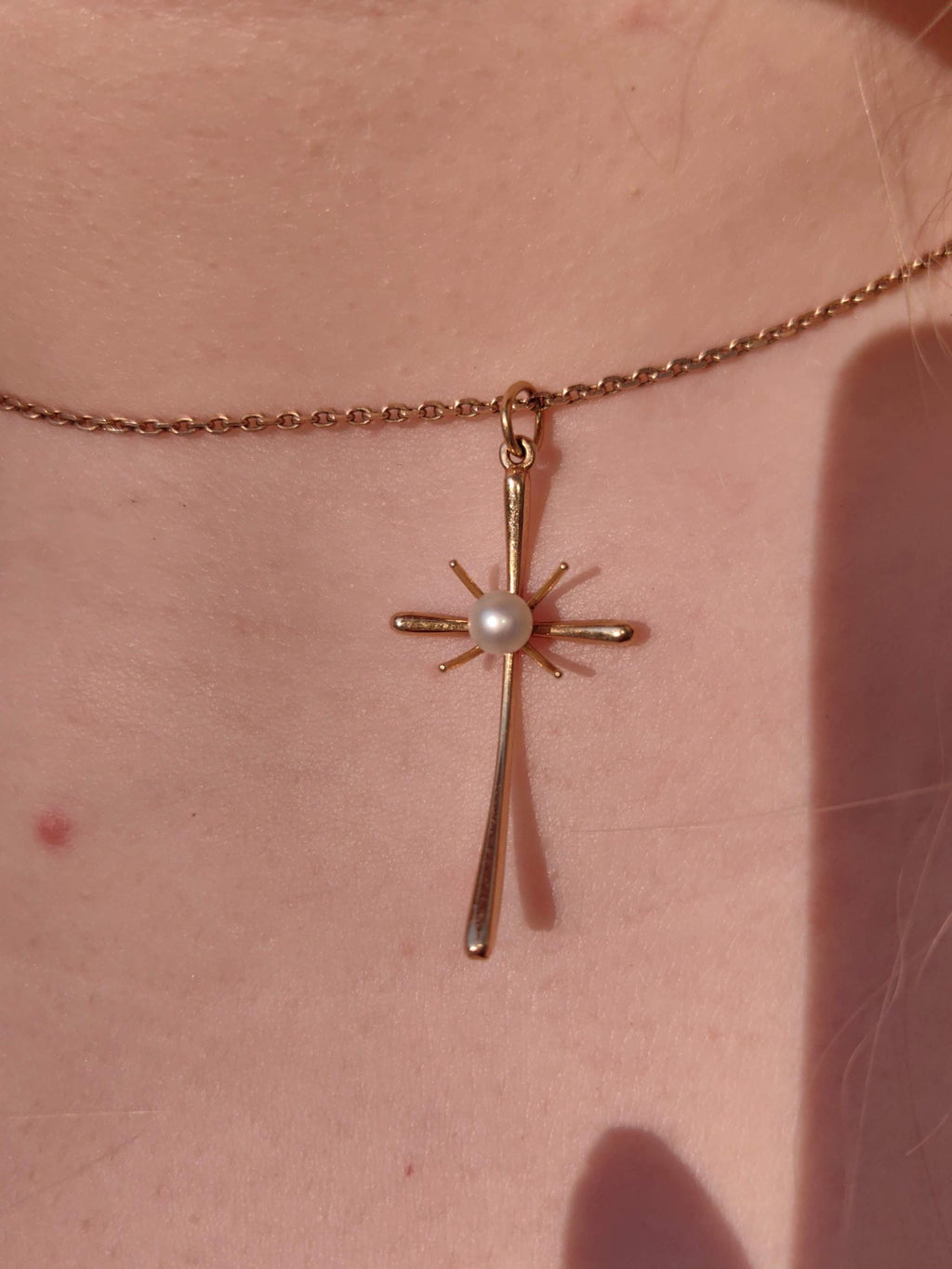 18k Gold Pearl Cross Pendant: Art Deco Christian Jewelry