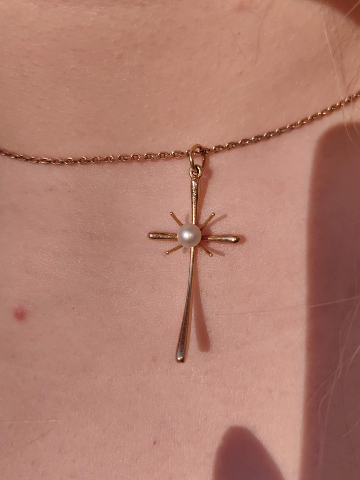 18k Gold Pearl Cross Pendant: Art Deco Christian Jewelry