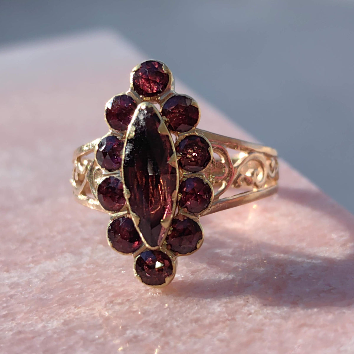 Victorian 1880s Almandine Garnet Solid 14k Yelllow Gold Elegant Statement Ring Marquise Floral Design Gift for Her Present