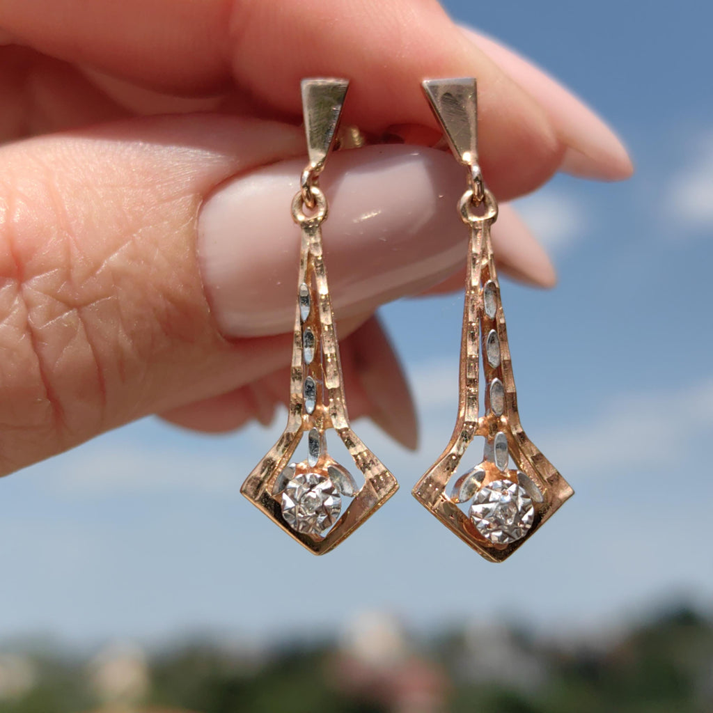 Vintage Diamond Dangle Earrings: Champagne Rose Gold, Hallmarked