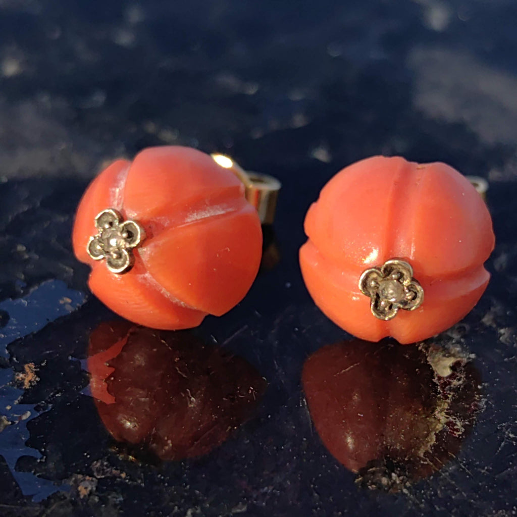 Victorian Coral Stud Earrings: Rose Diamond 18k Gold, Antique 1880s
