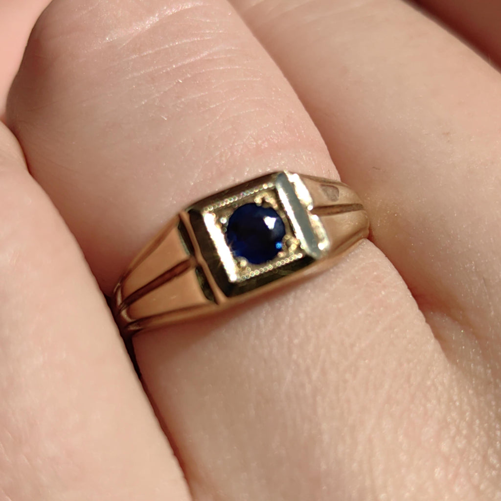 Art Deco Sapphire Ring: 14K Yellow Gold Geometric Engagement Ring