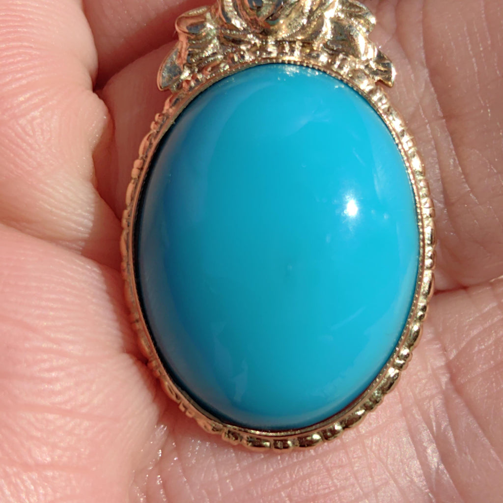 Art Deco 1920s Turquoise large oval quality natural mined Solid 14k Hallmarked Yellow Rose Gold Pendant Charm Necklace gift