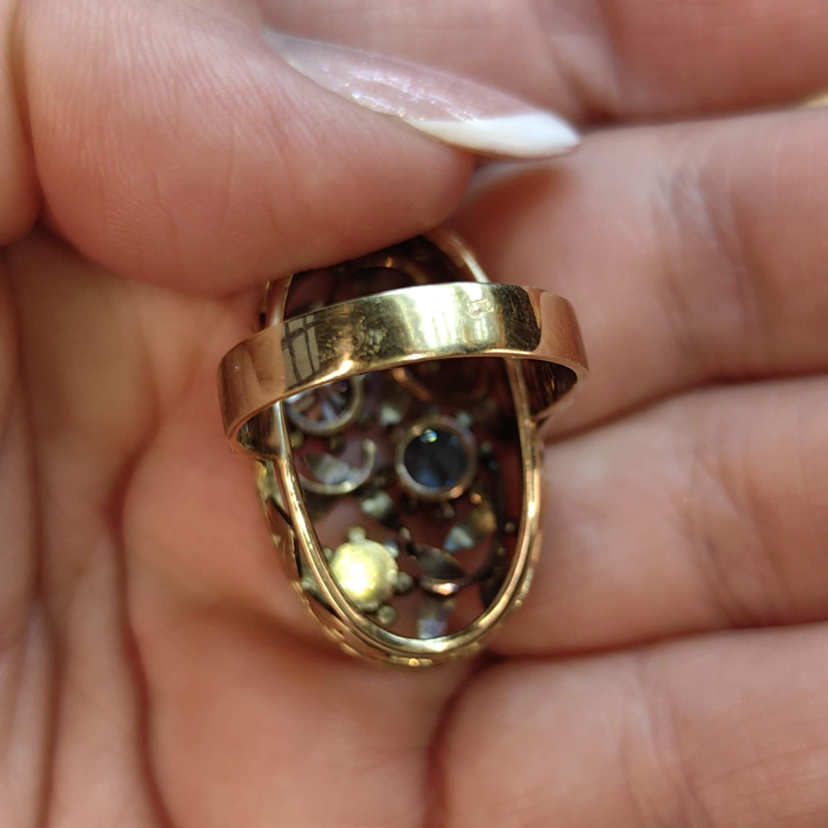 Antique 14k Solid Yellow Rose Gold Art Nouveau 1900s Elegant Ring Diamond, Pearl & Blue Zirconia Floral Handmade Statement Ring