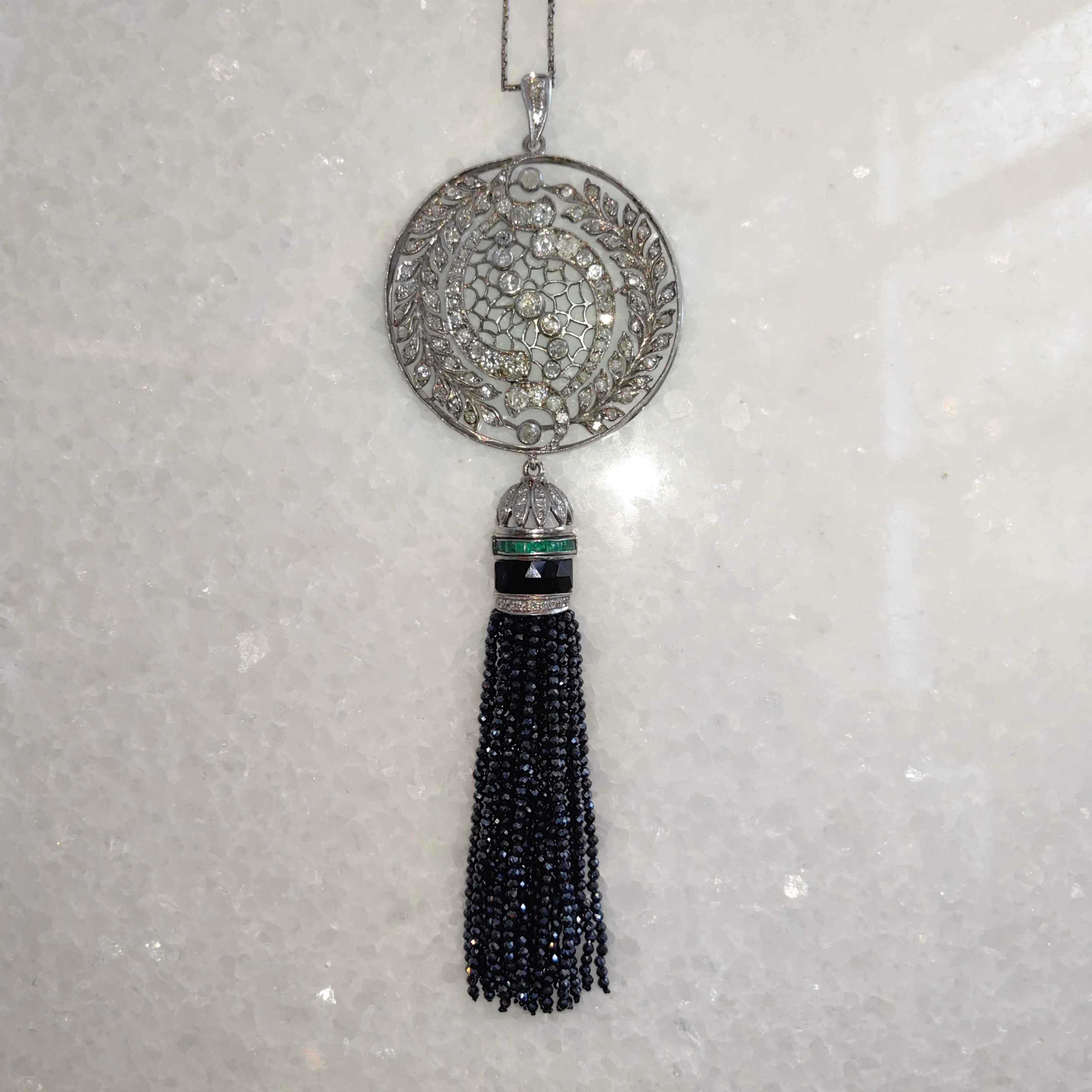 Art Deco Diamond Emerald Onyx Pendant Necklace: 14k Gold Pearl Chain