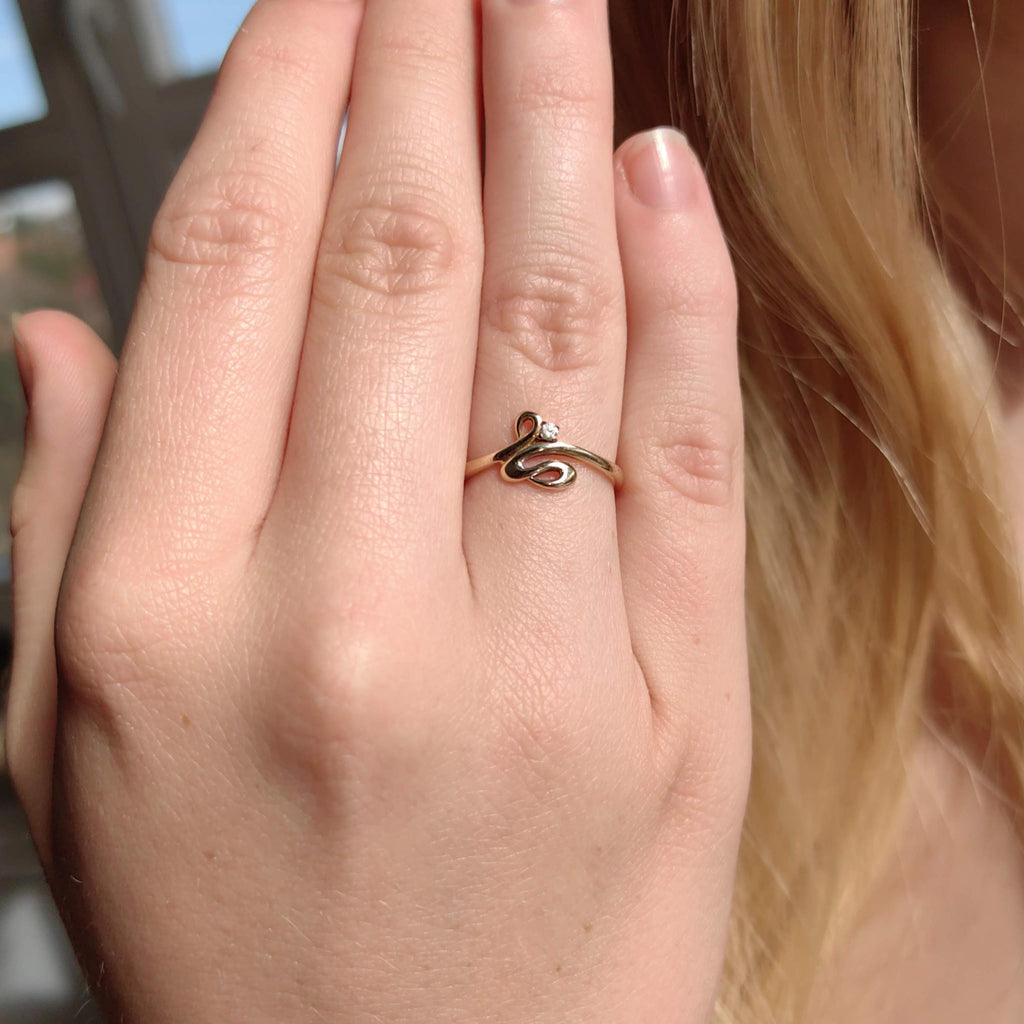 14k Solid Yellow Gold Elegant Snake Ring Dainty White Stone Cubic Zirconia Vintage Band Gift for her Promise Ring Engagement Ring Present