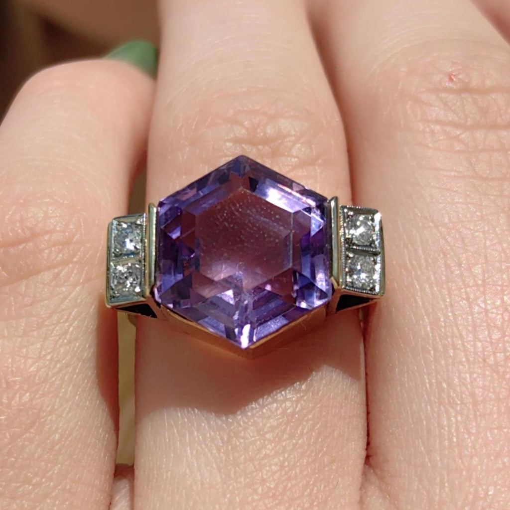 Art Deco Amethyst Cocktail Ring: 14k Yellow Gold Diamond Accent