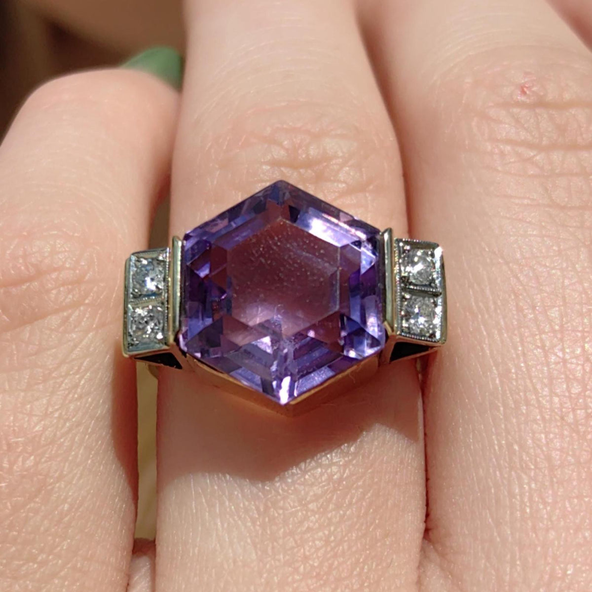 Art Deco Amethyst Cocktail Ring: 14k Yellow Gold Diamond Accent