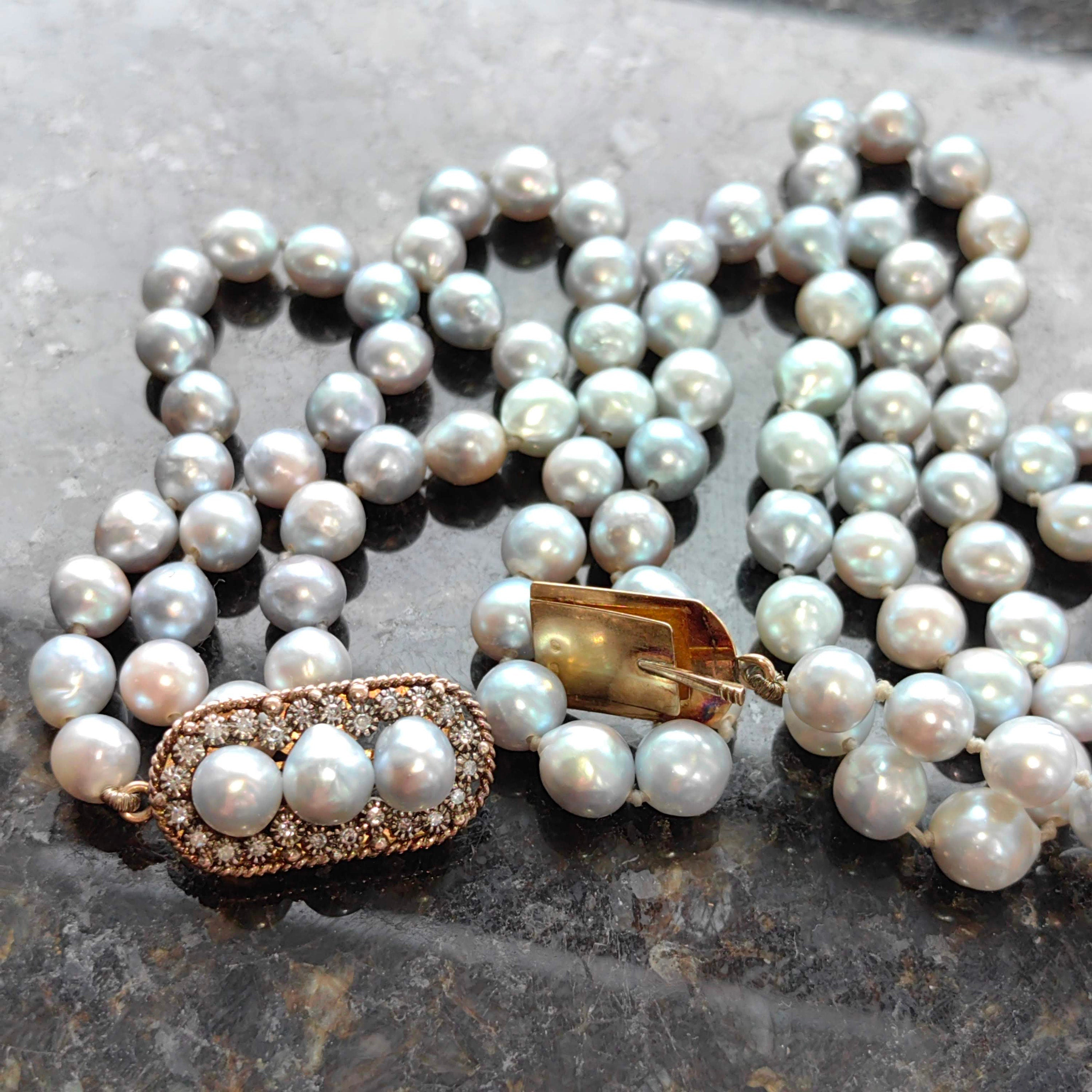 Art Deco 18k Gold Diamond Pearl Necklace: 1940s Vintage Beaded Lock