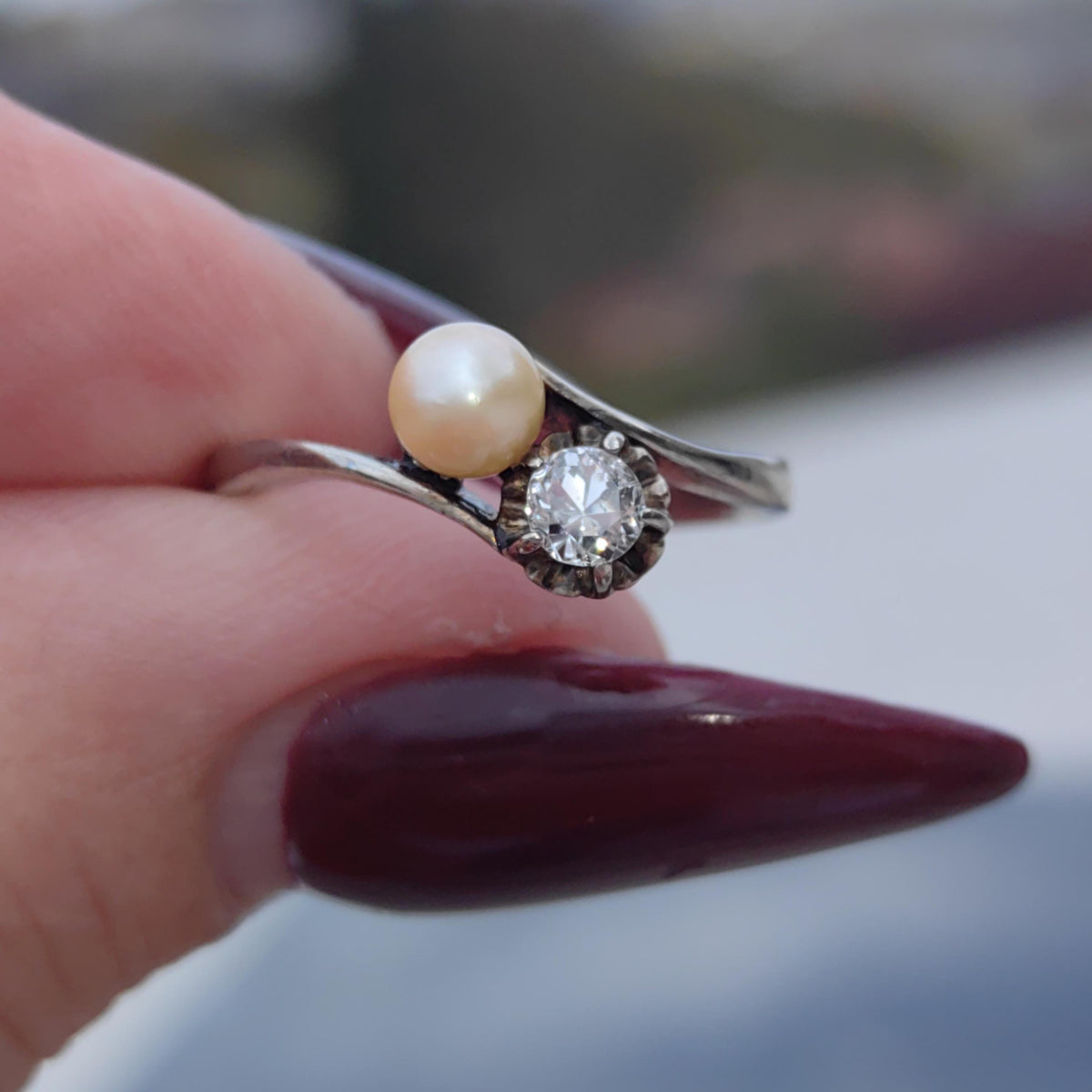 Art Deco Antique Vintage 1940s Cultured Natural Pearl Diamond 18k Solid White Gold Two Stone Wave Elegant Ring Gift for Her