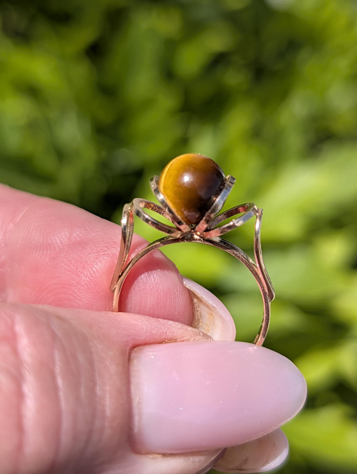 Vintage 1980s Tiger Eye Ring 14k Champagne Yellow Rose Gold Hungarian Hallmarked Statement Gemstone Fine Jewelry Gift for Her