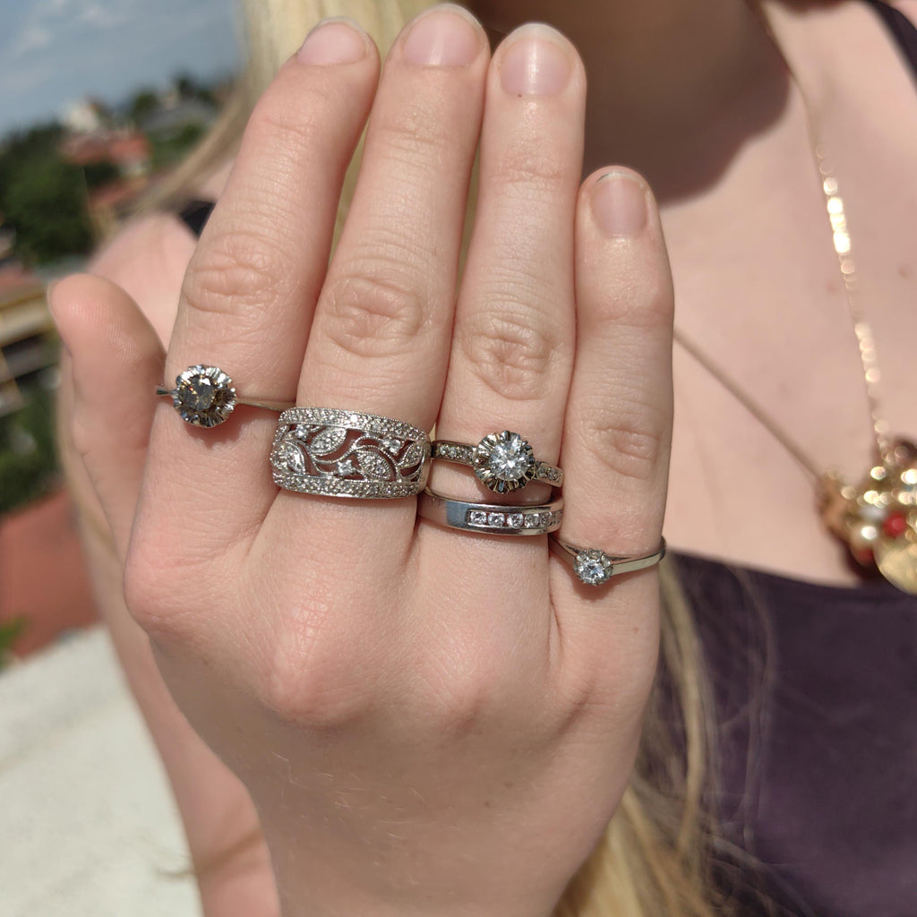 Diamond Floral Wedding Band: 14k White Gold Leaf Filigree Ring