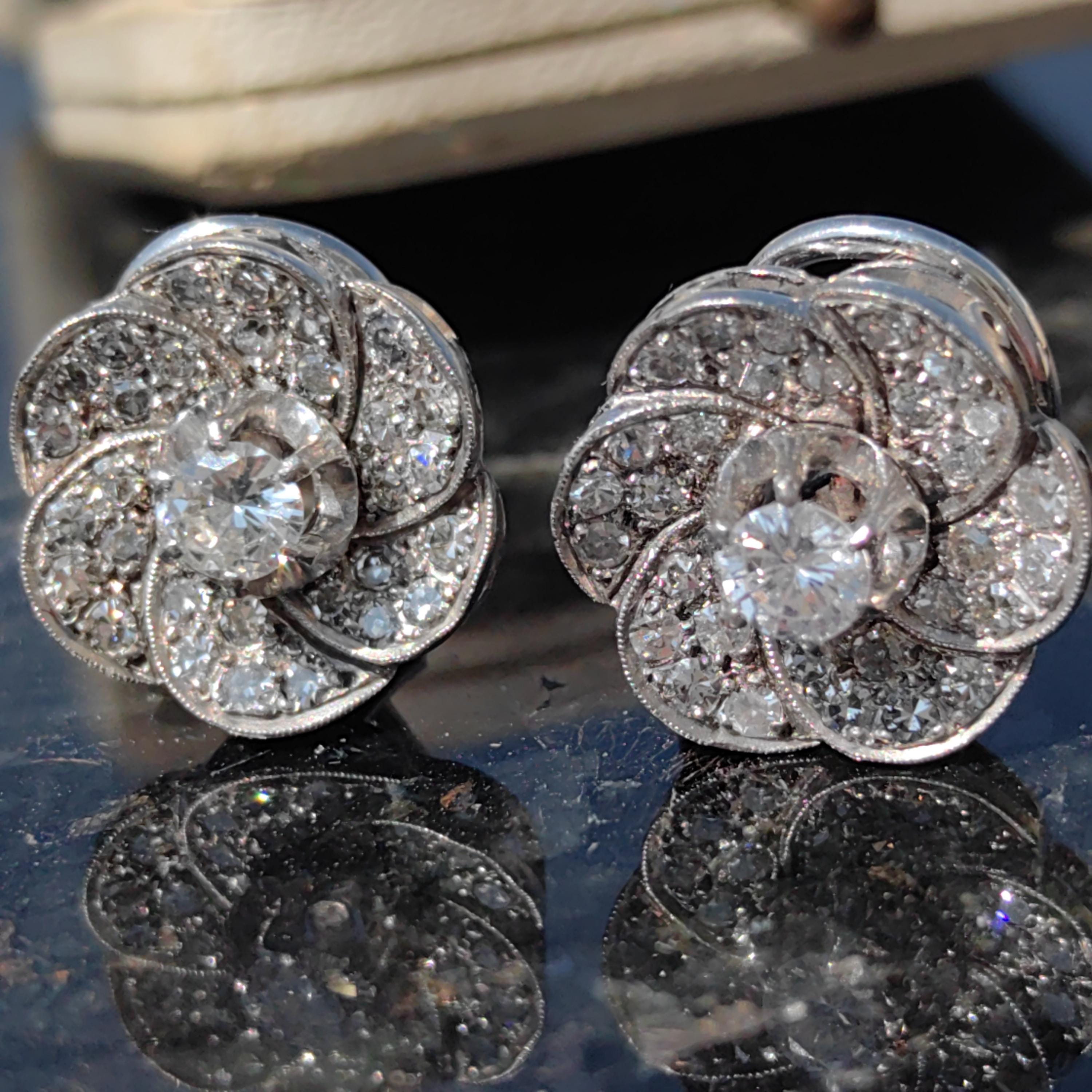 18k Solid White Gold Diamond Art Deco 1920s Elegant Large Statement Earrings with Floral Design Gift for her Present