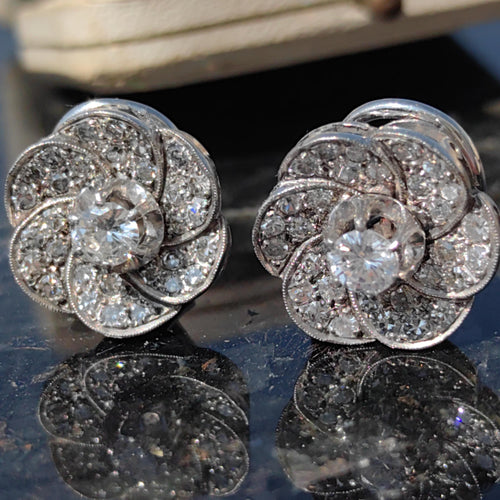 18k Solid White Gold Diamond Art Deco 1920s Elegant Large Statement Earrings with Floral Design Gift for her Present