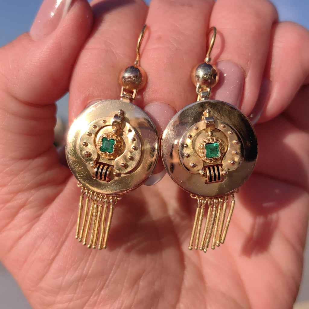 Victorian 18K Gold Emerald Dangle Earrings: Enamel Antique Jewelry