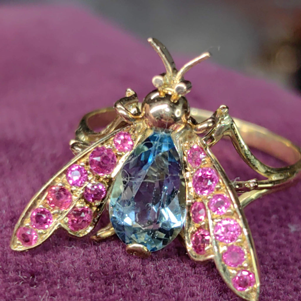 Vintage Light Blue Topaz Red  Ruby Solid 18k Yellow Gold Insect Fly Bee Statement Ring Mid Century 1950s Elegant Gift for Her  Present