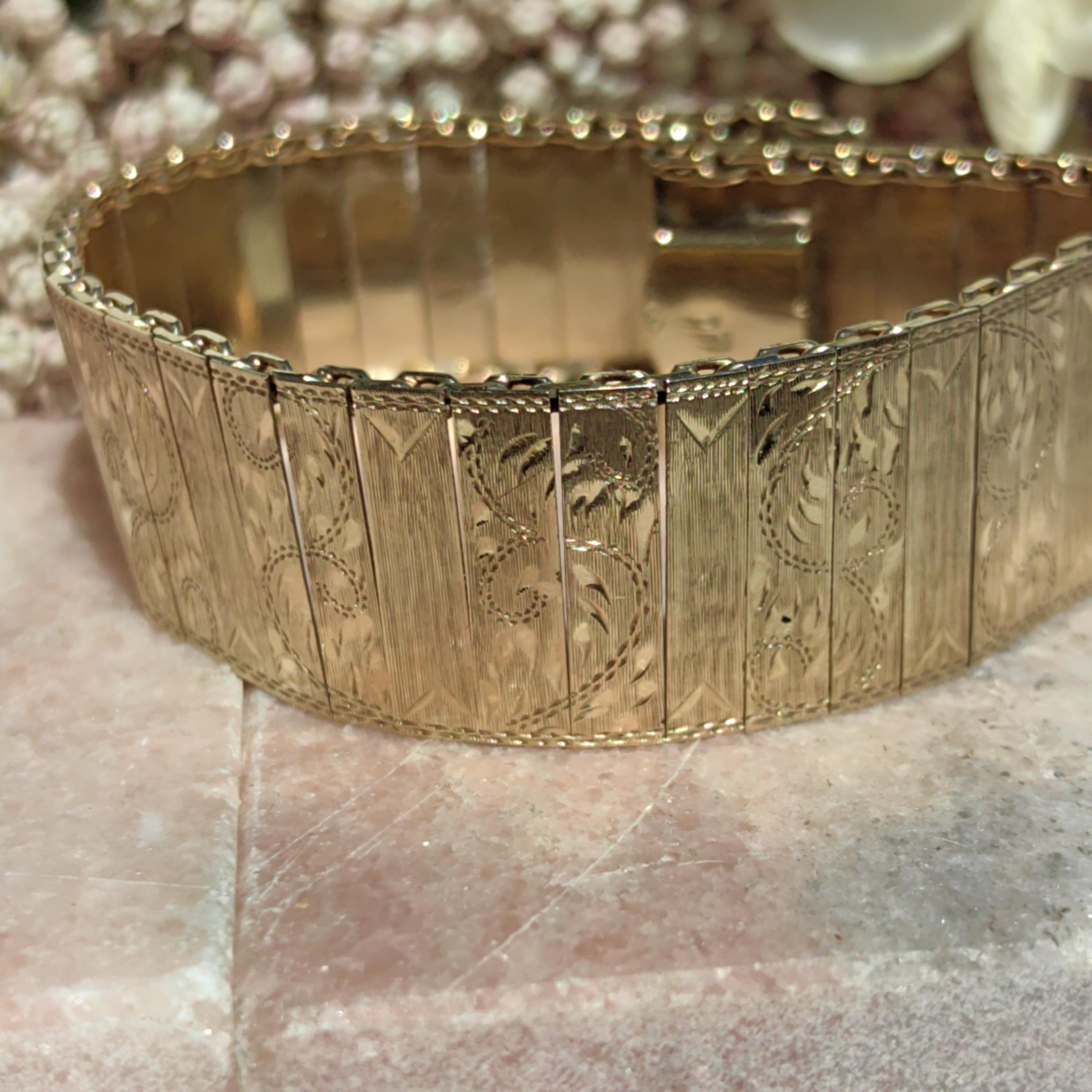 14k Yellow Gold Floral Link Bracelet: Antique Hand Chiseled Bangle, 1920s 25.9gr Solid, 19.5 cm long