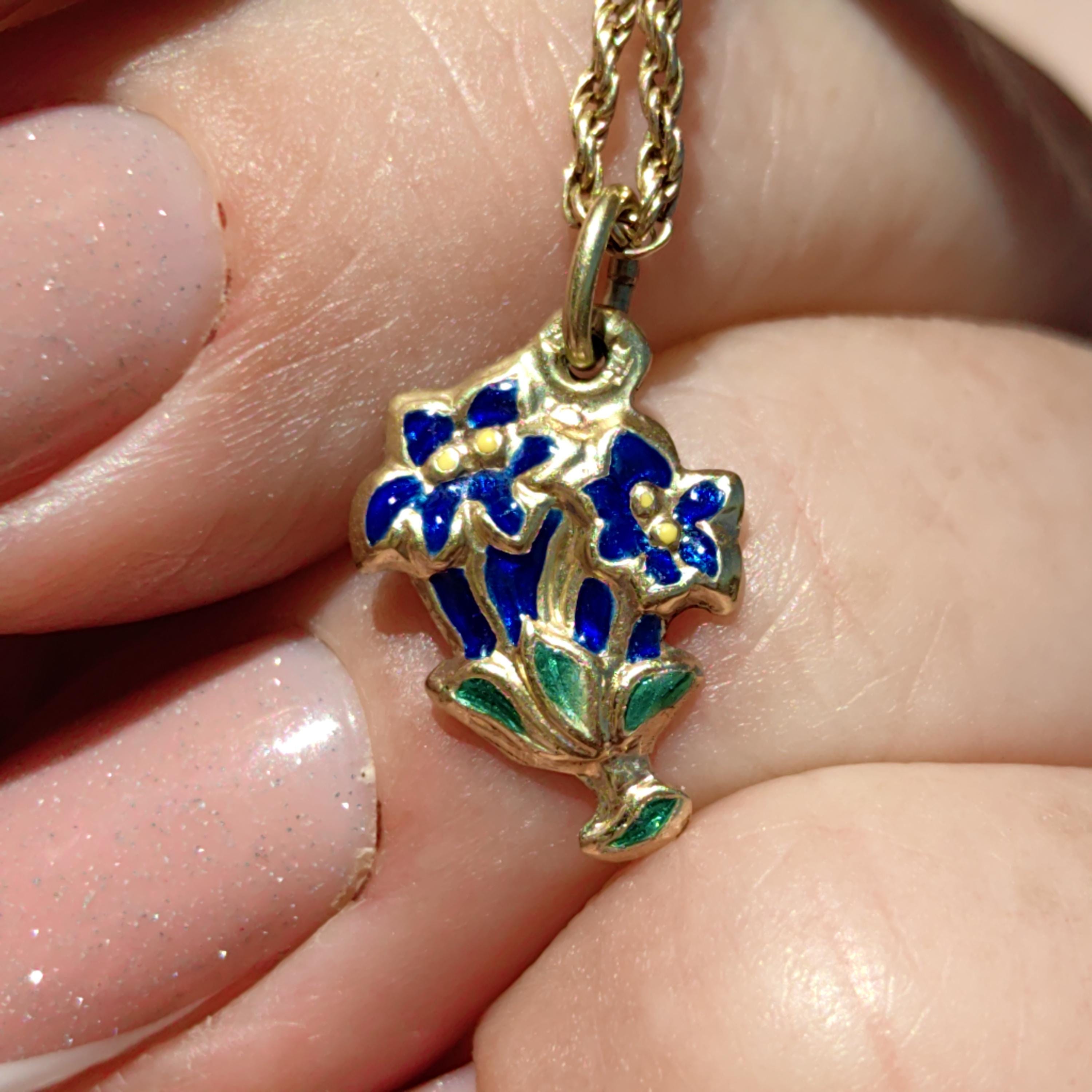 14k Gold Art Deco Floral Pendant: Hand Painted Enamel Flower Charm