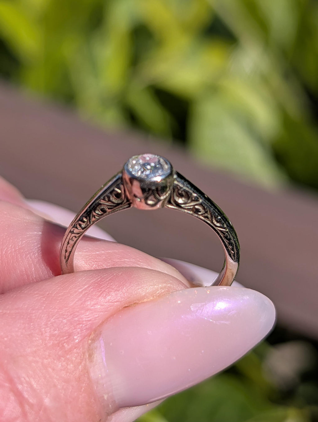Antique Edwardian Art Nouveau Diamond Solitaire Engagement Ring, 14k Gold Old European Cut Bud Bezel Hand Engraved Ring