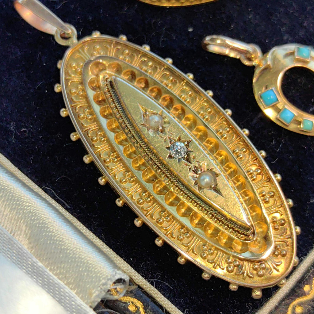 Victorian 15k Gold Locket Pendant: Diamond & Pearl Picture Frame, 1880s
