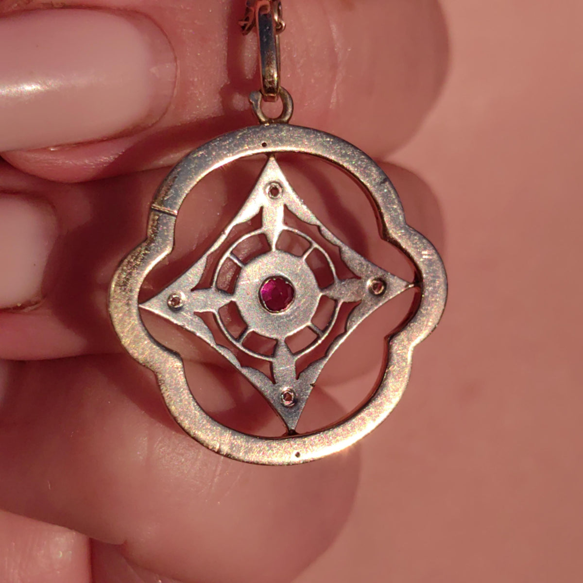 Art Nouveau Diamond Ruby Pendant 18k Solid Yellow and White Gold Geometric Openwork Pendant  1900s Vintage Gift for Her