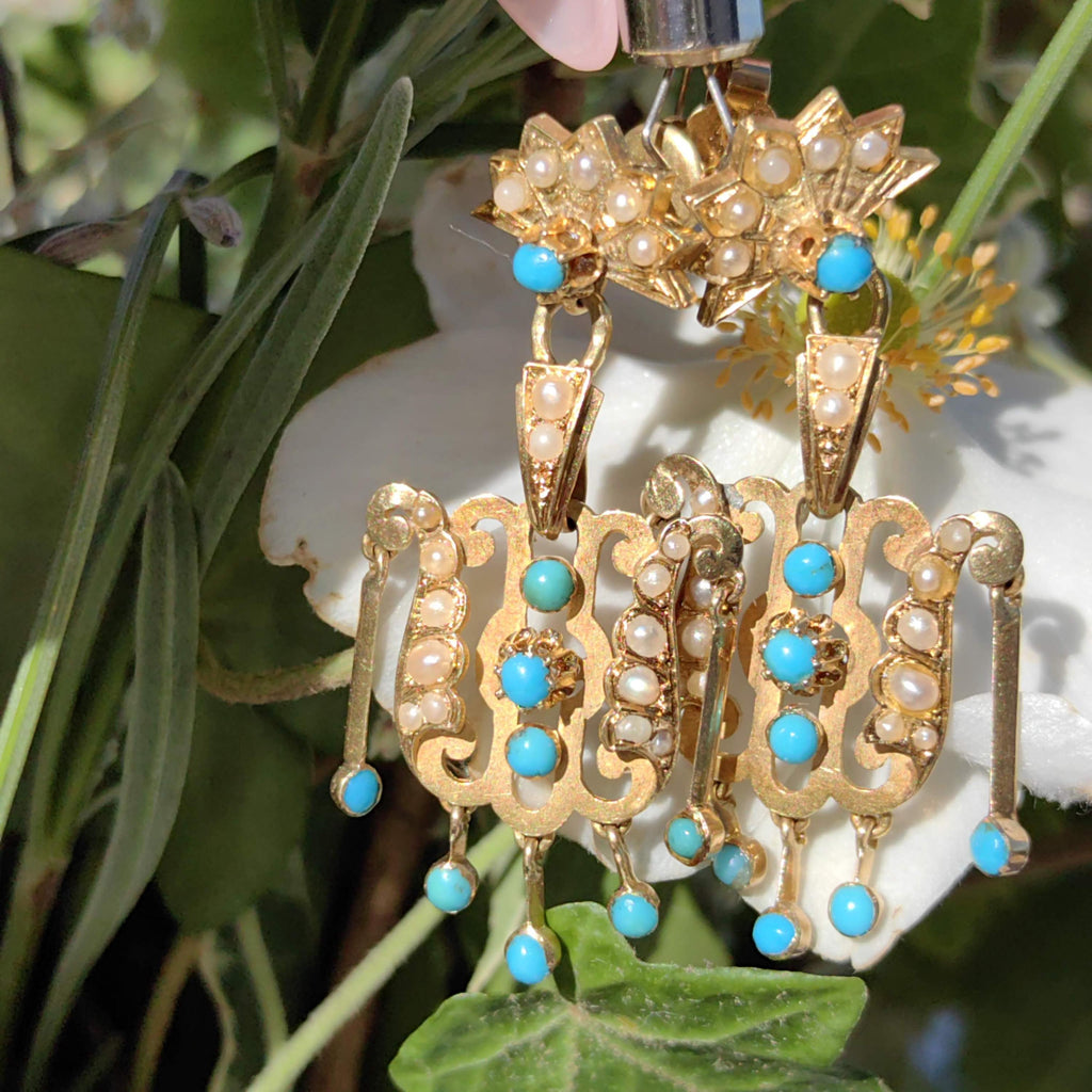 Turquoise Pearl 18K Gold Dangle Earrings: Antique Victorian Revival
