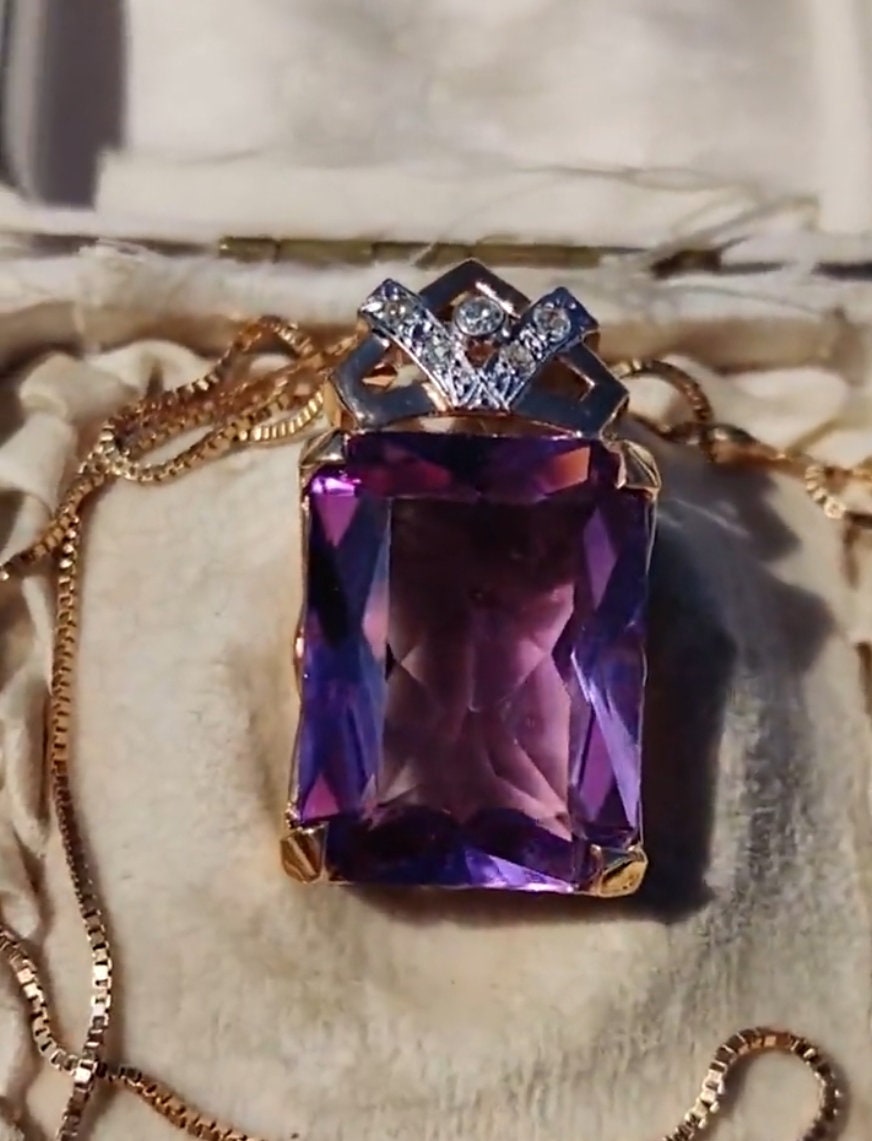 Art Deco Antique Vintage Amethyst and Diamond Gold Statement Pendant