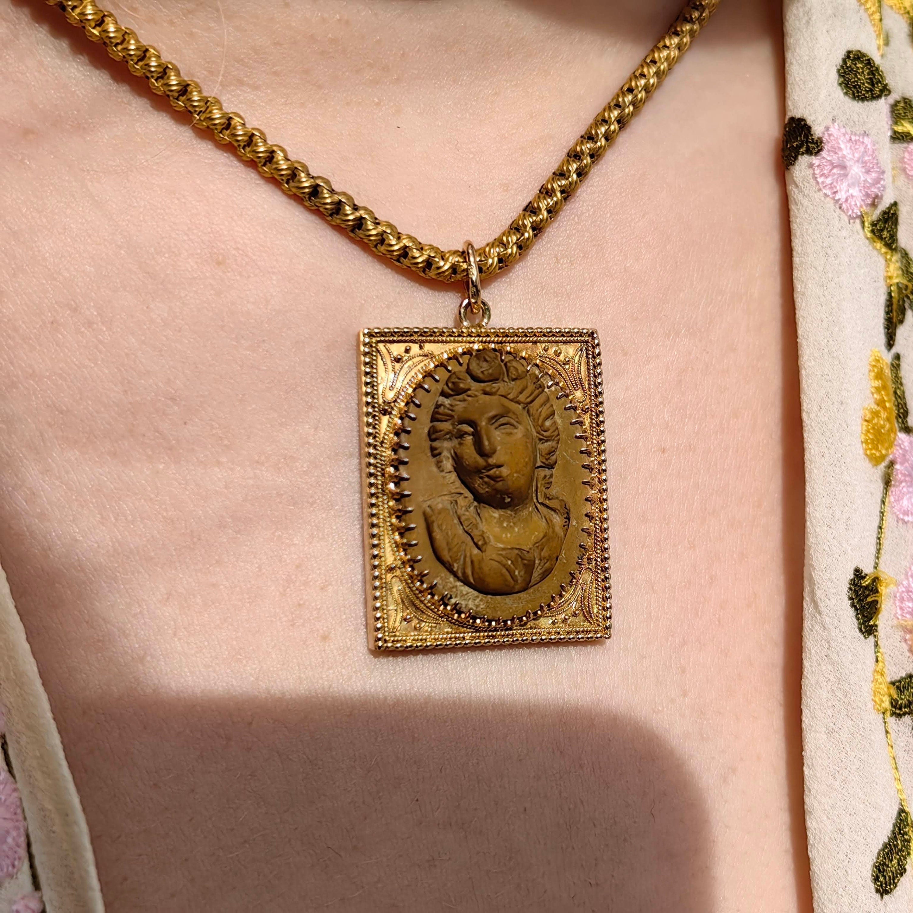 Antique Hand Carved Lava Cameo Pendant: 14k Solid Gold Framed Relief
