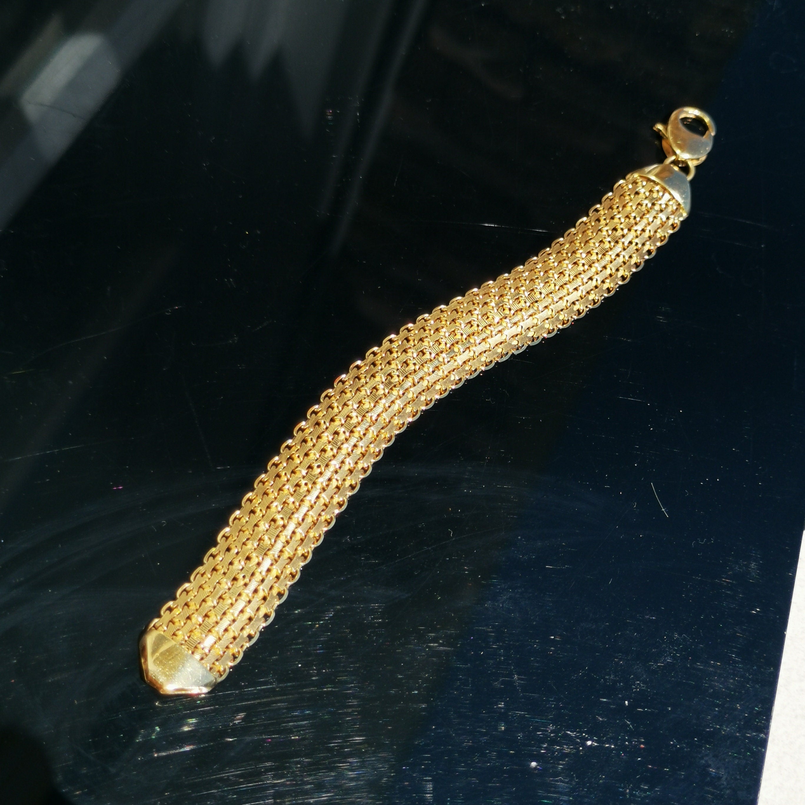 Vintage 1960s Italy 14k Solid Yellow Gold Wide Handmade Thick Chain Statement Elegant Bracelet Gift Present