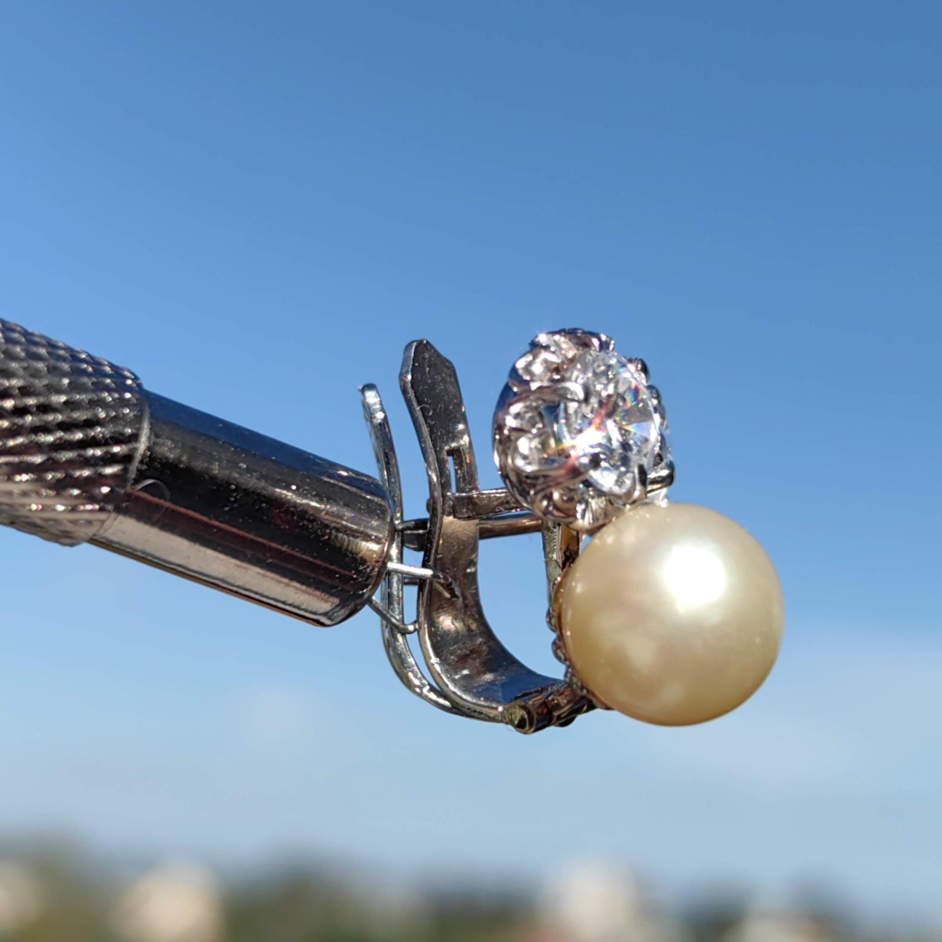Art Deco Pearl Earrings: White Sapphire 18k White Gold, Handmade 1930s Style