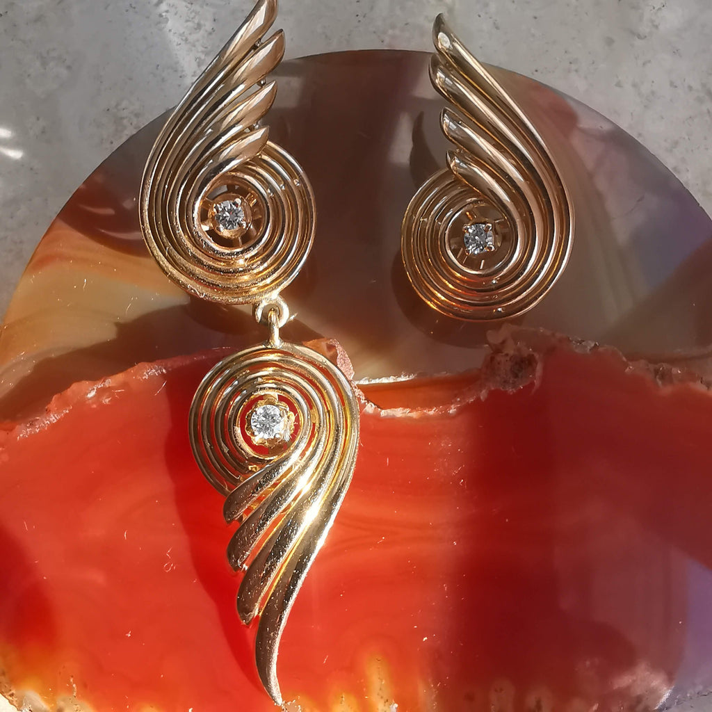 Late Art Deco 1940s 18k Solid Yellow Rose Champagne Gold Diamond Vintage Antique Retro Earrings Asymmetrical Geometric Earrings Gift