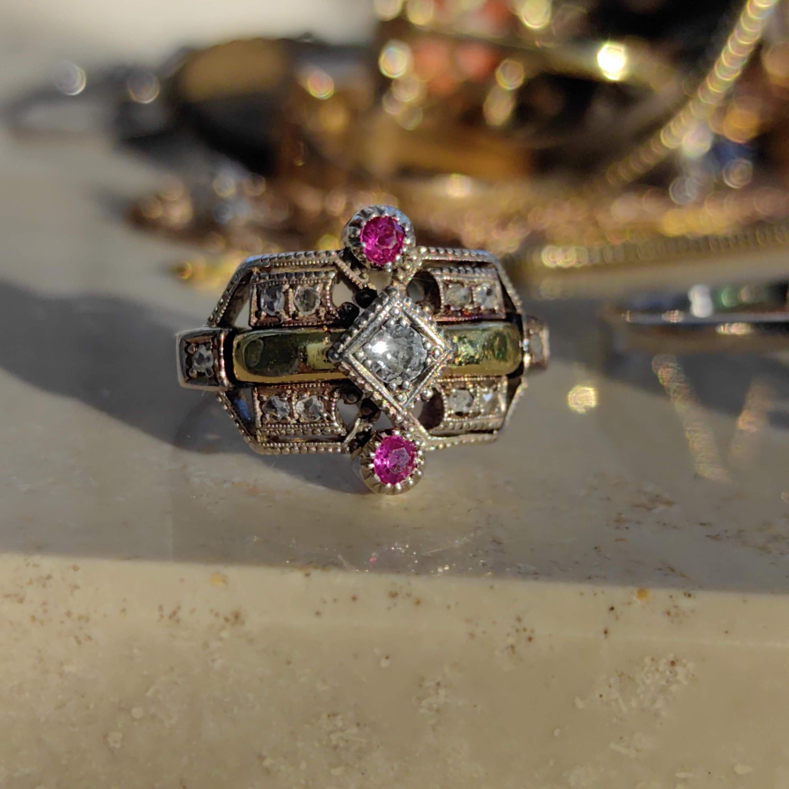 Art Deco Ruby Diamond Ring: 18k Yellow Gold Geometric Statement