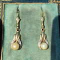 Vintage 14K Yellow Gold Dangle Earrings: Diamond & Cultured Pearl