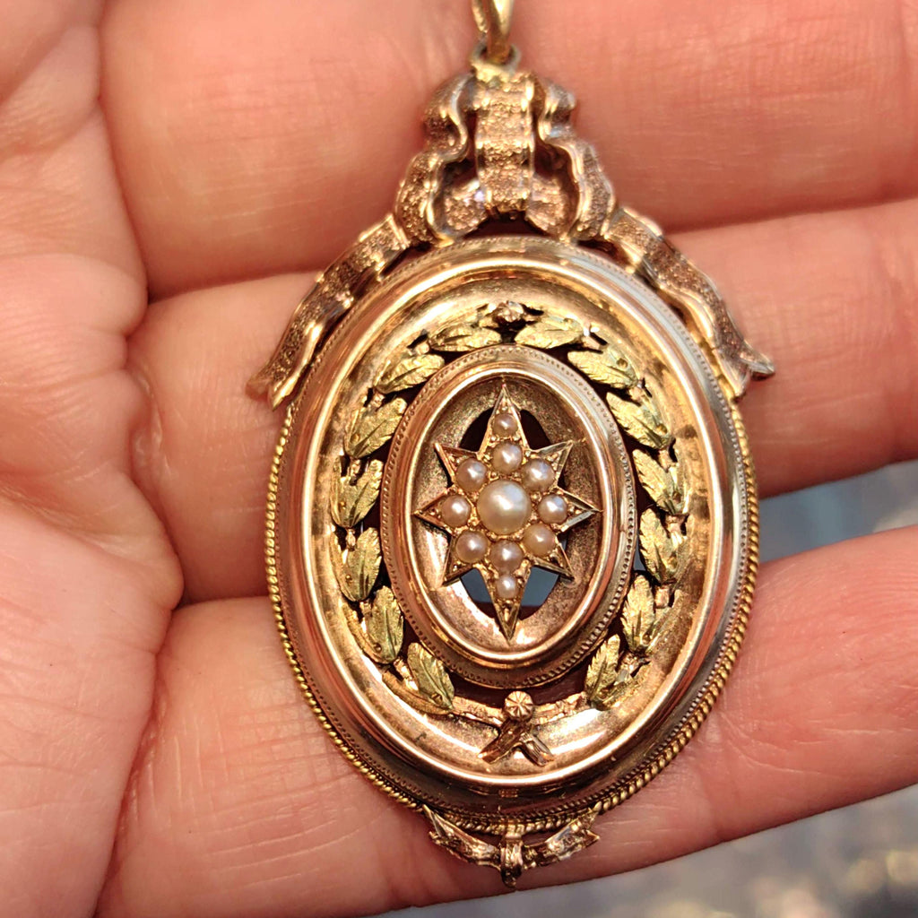 18k Gold Natural Pearl Pendant: Antique Bow Star Charm