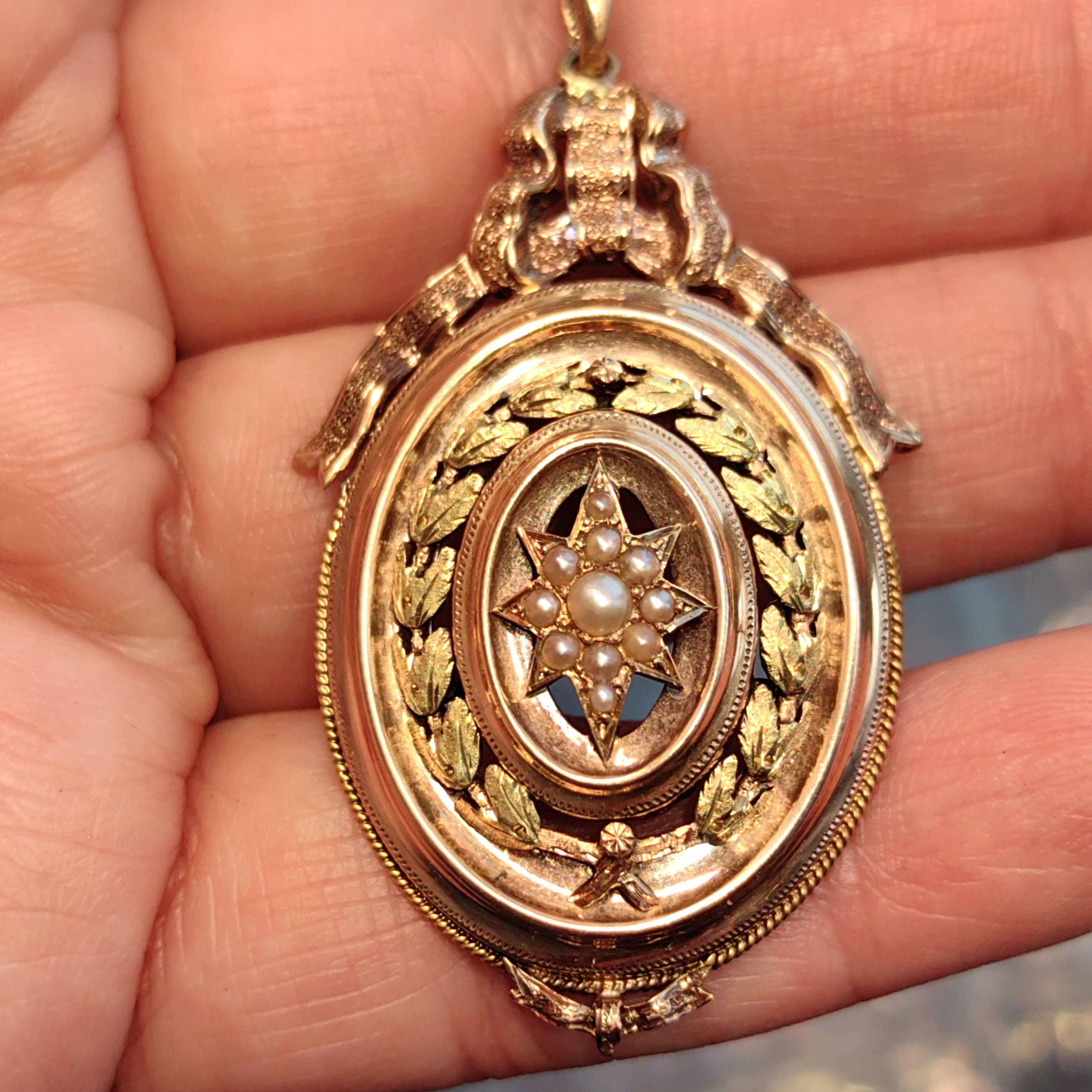 18k Gold Natural Pearl Pendant: Antique Bow Star Charm
