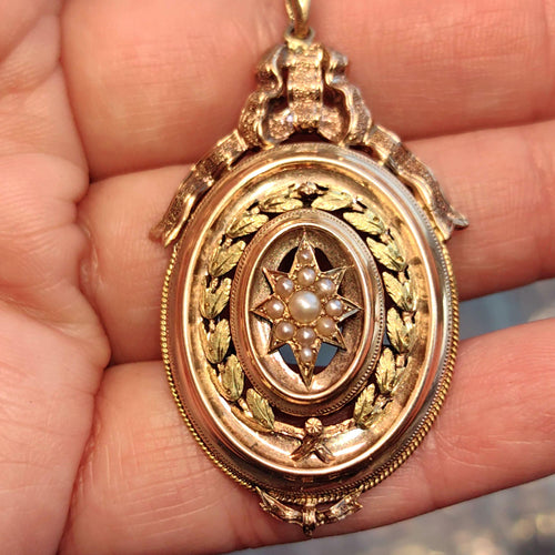18k Gold Natural Pearl Pendant: Antique Bow Star Charm