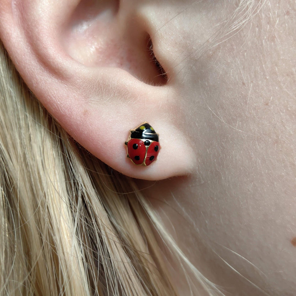 14k Gold Ladybug Stud Earrings: Red & Black Enamel, Retro Dainty Gift