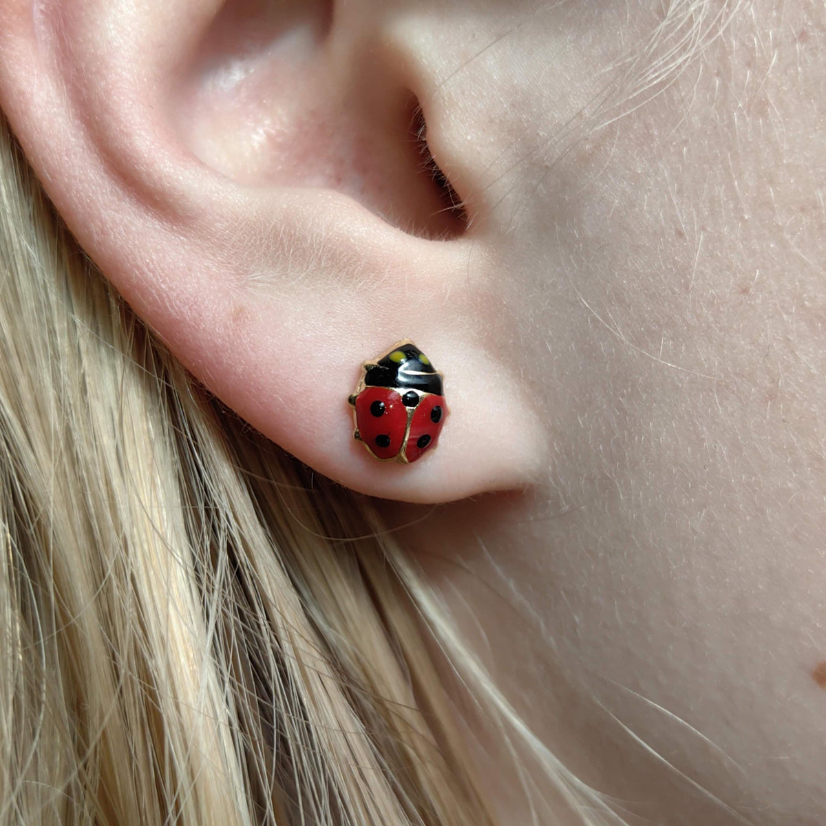 14k Gold Ladybug Stud Earrings: Red & Black Enamel, Retro Dainty Gift