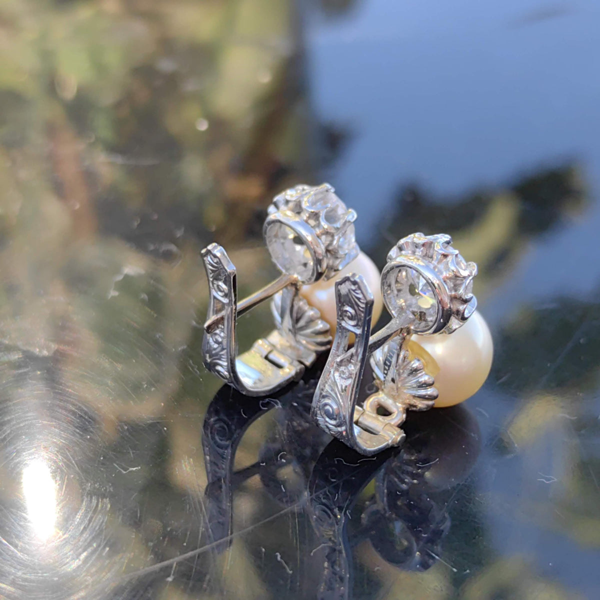 Art Deco Pearl Earrings: White Sapphire 18k White Gold, Handmade 1930s Style